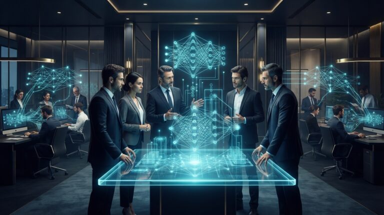 Премиальная абстрактная визуализация AI-ready команды и управляемого внедрения нейросетей